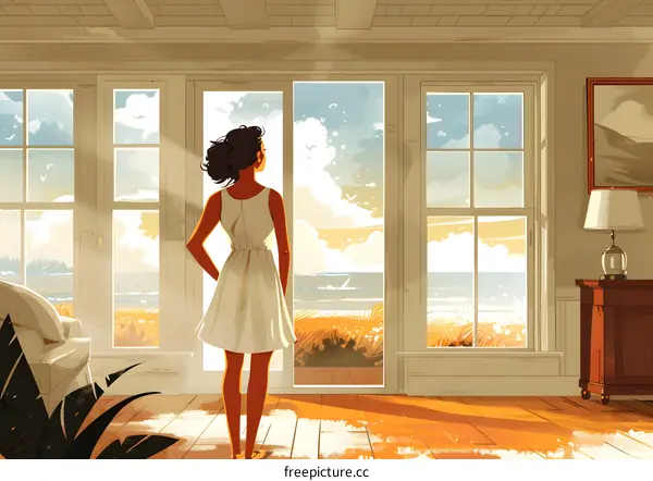 woman looking out window at beach house
