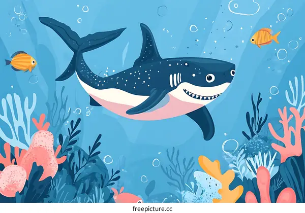 Cartoon Shark Underwater with Coral Reef