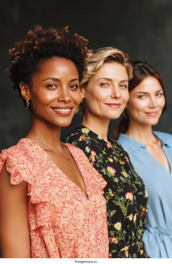 Three diverse women in stylish floral dresses