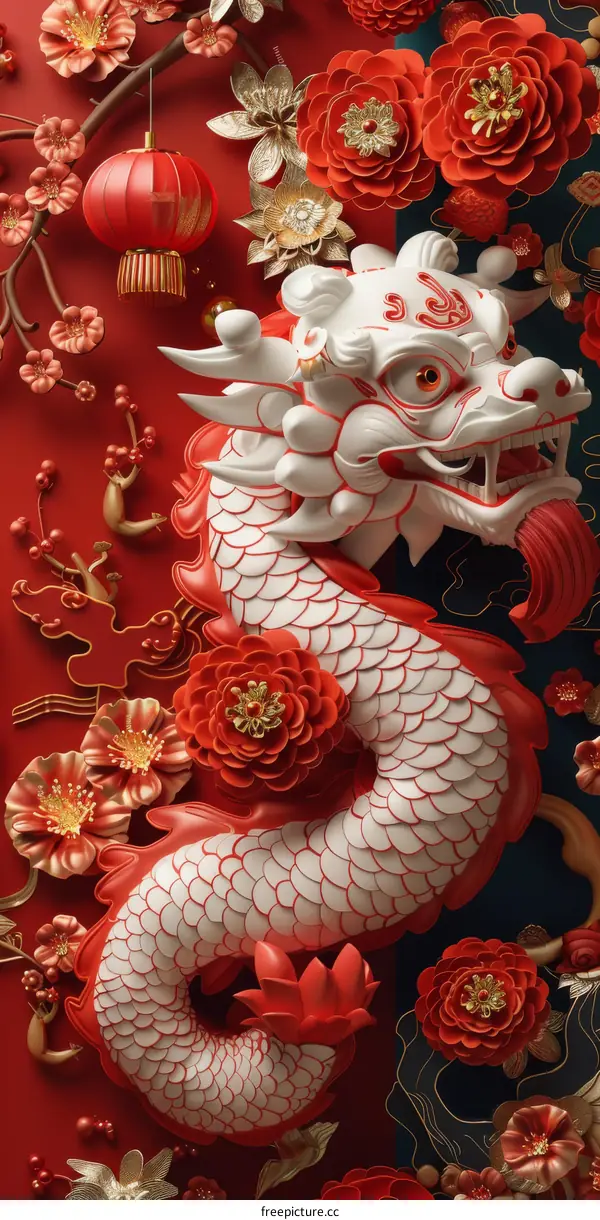 Chinese Dragon 3D Relief Sculpture with Flowers and Knotwork