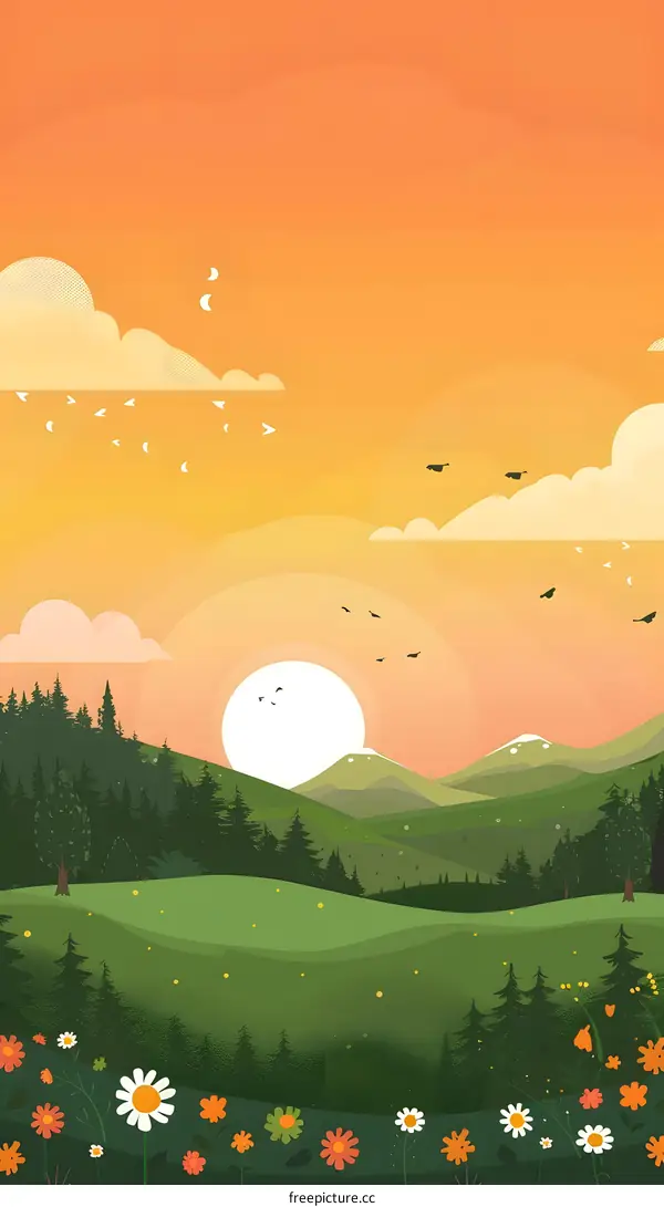 Sunset Mountain Meadow Illustration