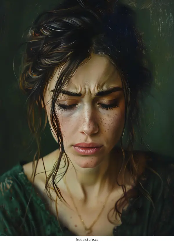 Portrait of a Woman with Long Brown Hair and Freckles