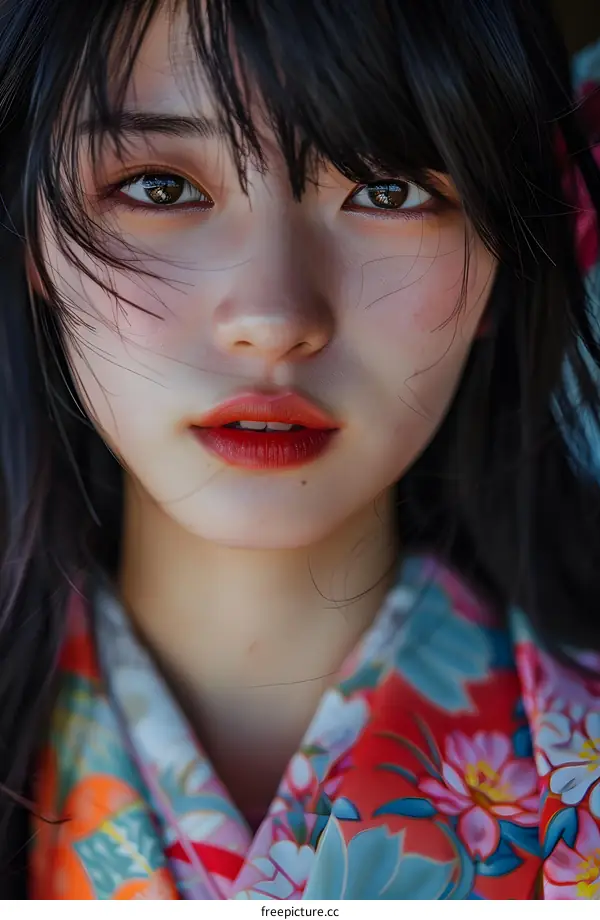 Close up Portrait of a Young Japanese Woman with Long Black Hair Wearing a Kimono
