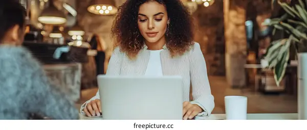Woman Working on Laptop in Cafe