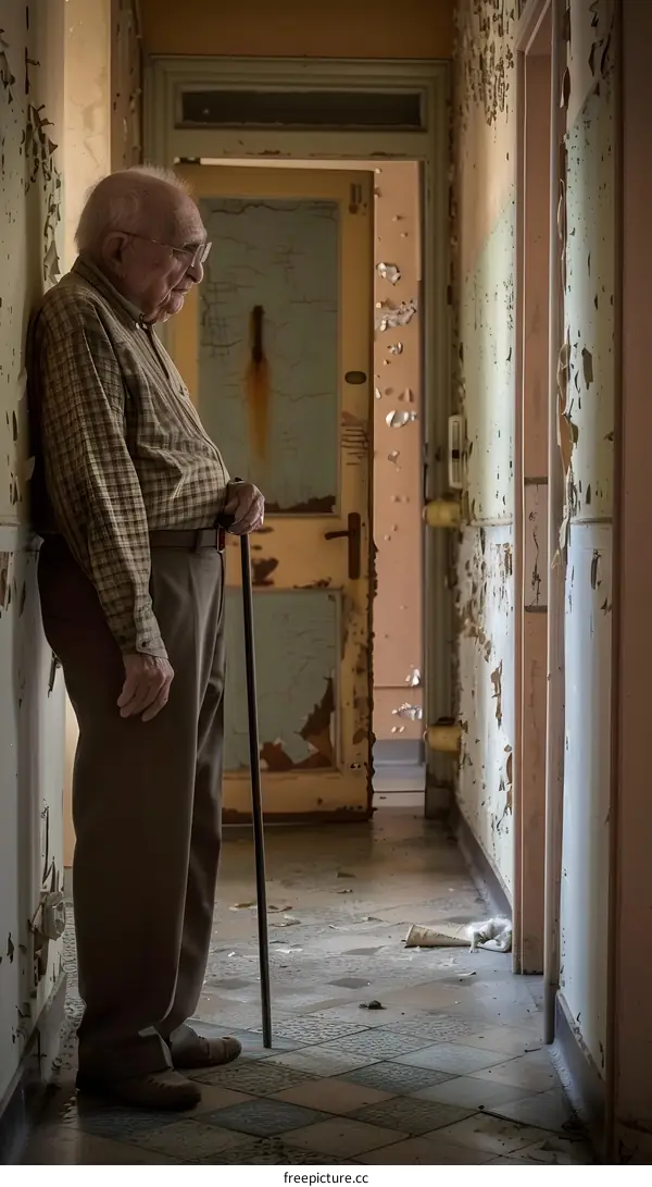 Elderly Man Standing in Abandoned Hallway