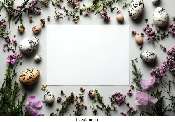 Easter Decorative Eggs and Flowers Flat Lay