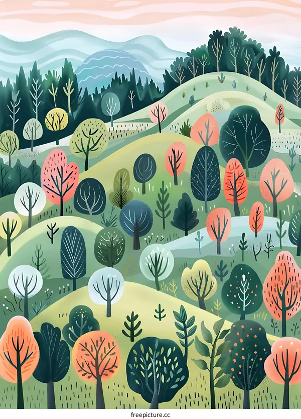 Illustrated Landscape with Green Hills and Trees