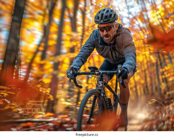 Cyclist riding through a forest in the fall