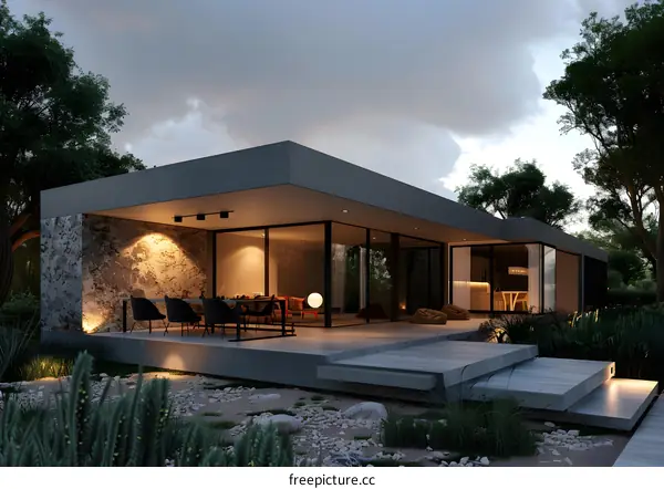 Modern House With Stone Wall And Glass Windows