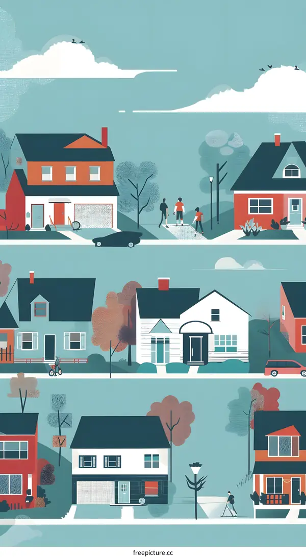 Colorful Illustration of Houses on a Street with People Walking