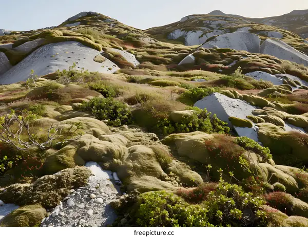 Green Moss Covered Landscape with Rocks