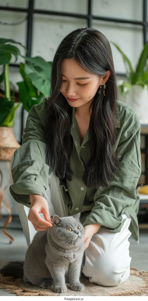 A young woman is petting a gray cat on the floor