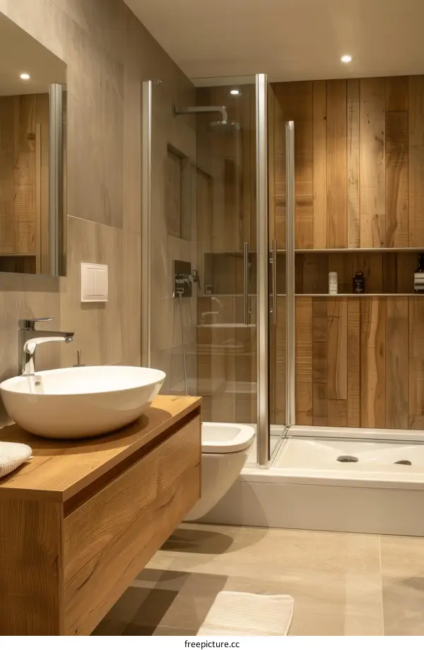 Modern Wooden Bathroom Design with Glass Shower