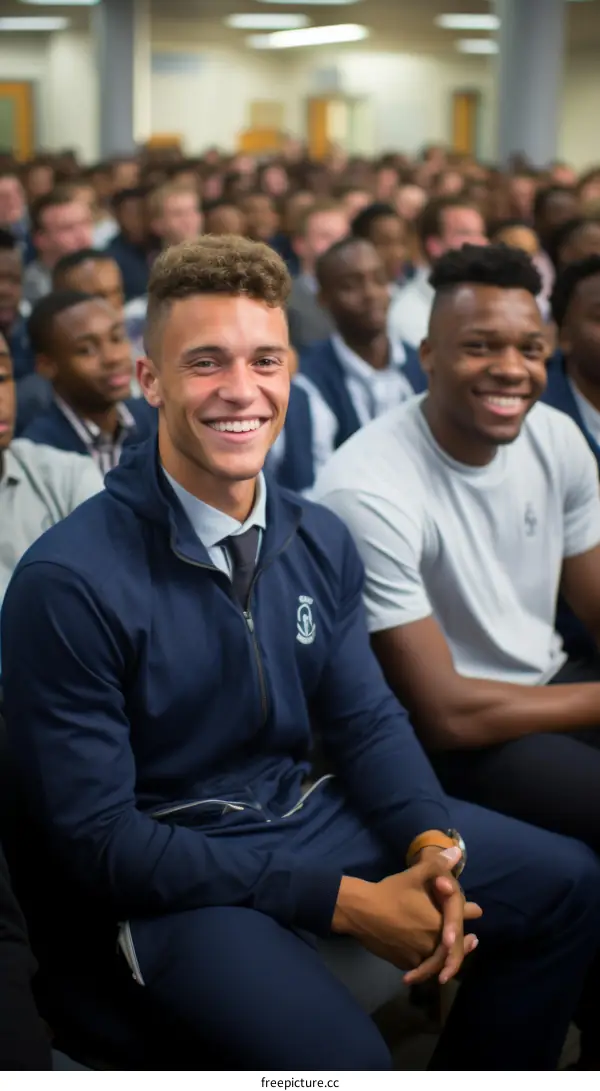 Two young men sitting in a crowded room