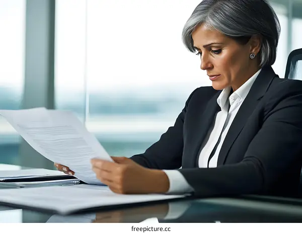 Businesswoman Reviewing Documents In Office