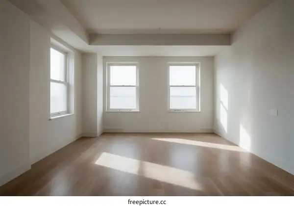 Empty room with wooden floor and three windows letting in natural light