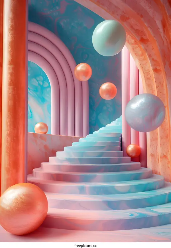 Geometric Staircase with Archway in Abstract Hues of Pink and Blue