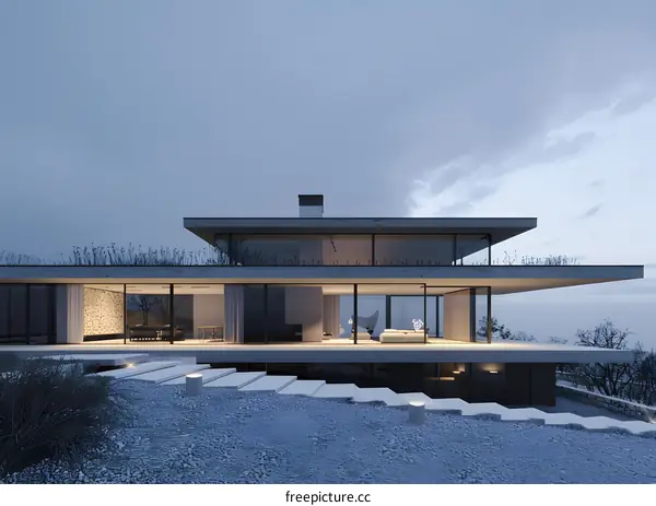 Modern House with Glass Walls and Stone Steps