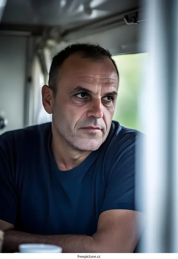 Man in Blue T-shirt Looking Away in a Vehicle