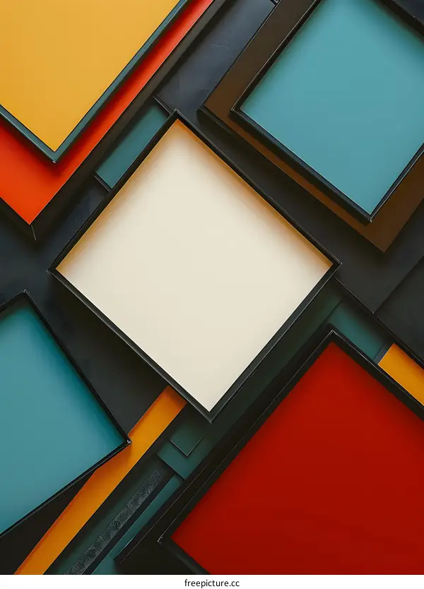 Abstract Geometric Shapes with Square Frames in Yellow, Red, Blue, and White