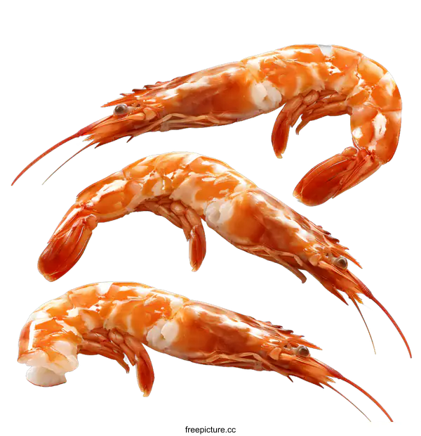 [Transparent Background PNG]Three Cooked Shrimps on White Background