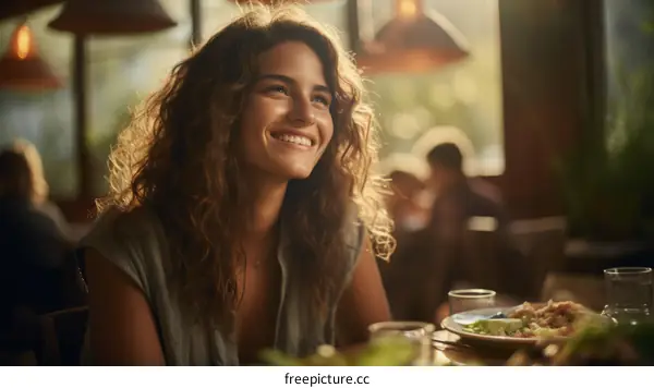 Portrait of a smiling young woman sitting in a restaurant
