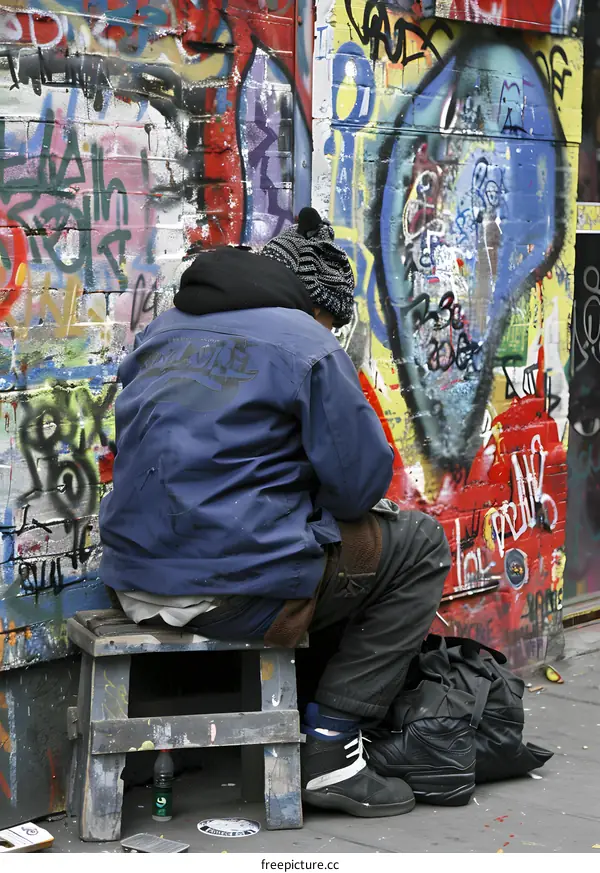 Man Sitting On Stool in Front of Graffiti Wall