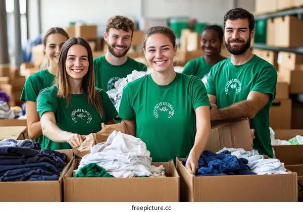 Diverse Volunteers Sorting Clothes in Warehouse