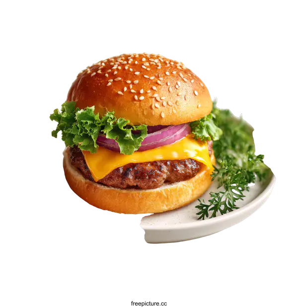 [Transparent Background PNG]Delicious Cheese Burger on a Plate
