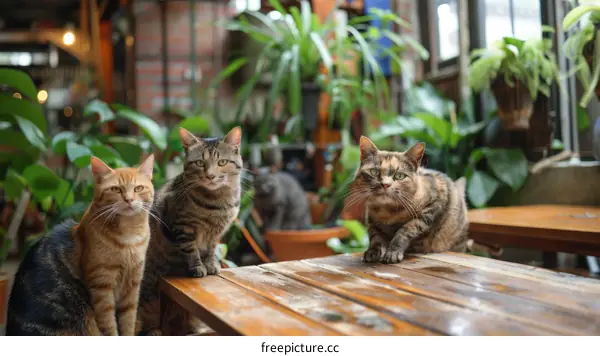 Three cats sitting on a wooden table in a garden