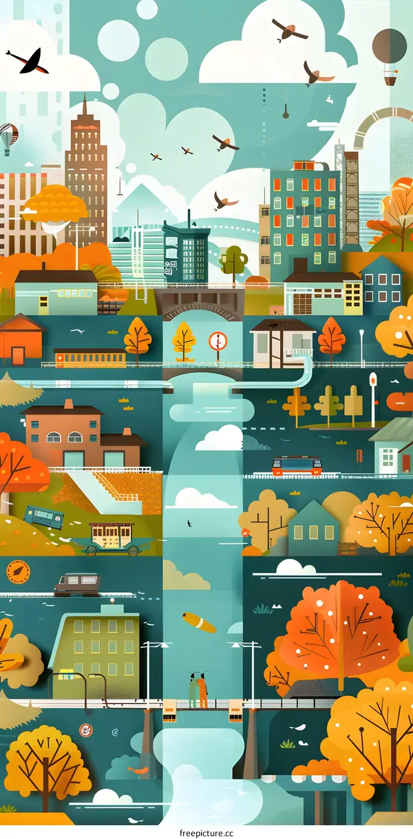 Autumn Cityscape Illustration with People Walking on Bridge