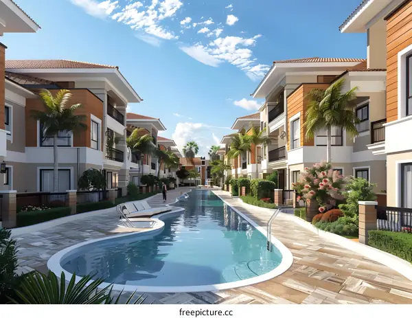 Modern residential complex with swimming pool