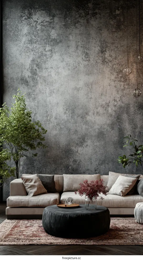 Modern Living Room Interior Design with Concrete Wall