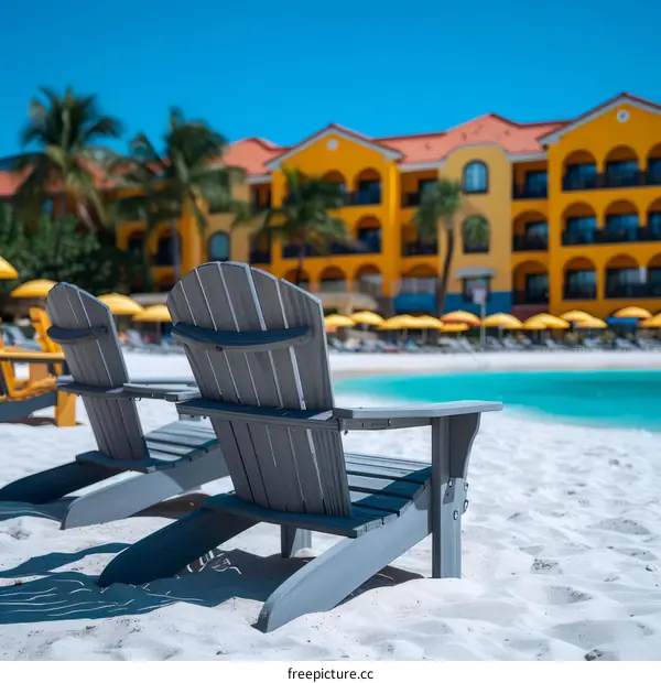 Two beach chairs sit on a sandy beach with a colorful hotel in the background