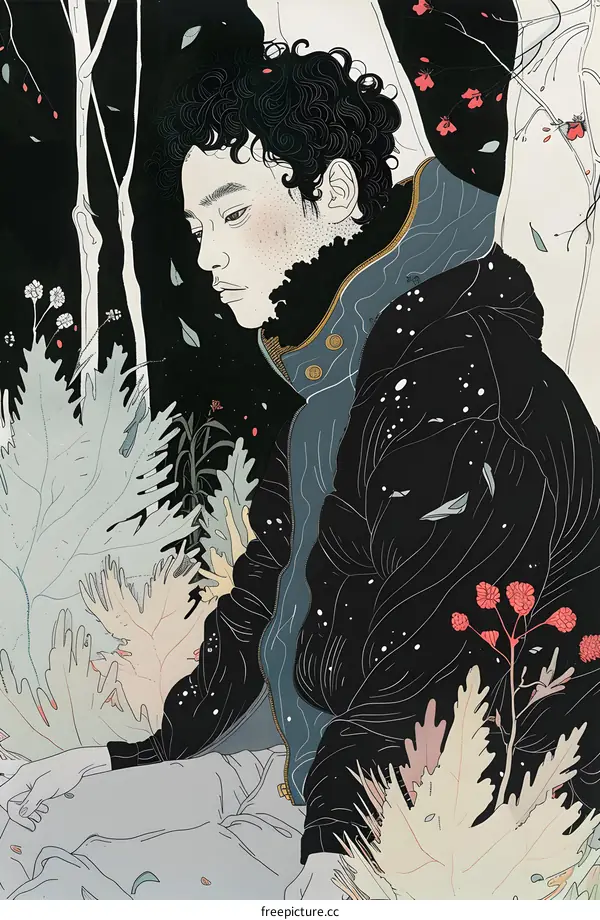 Man in Black Jacket Sitting Among Plants Illustration