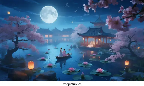 Beautiful Night Scene with Cherry Blossoms, Lake and Traditional Pavilion