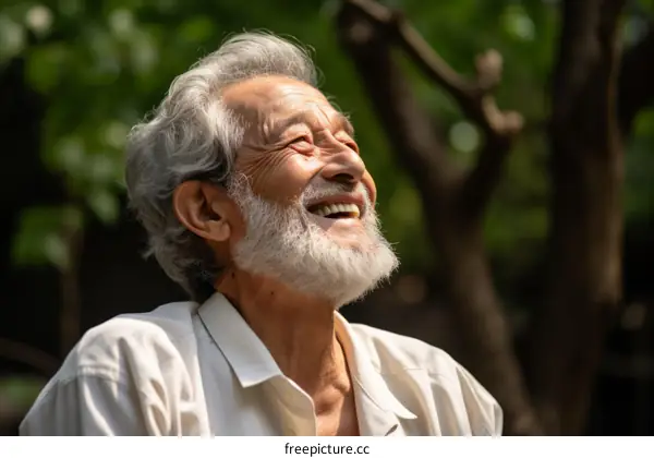 Portrait of a smiling elderly Asian man with white hair and beard