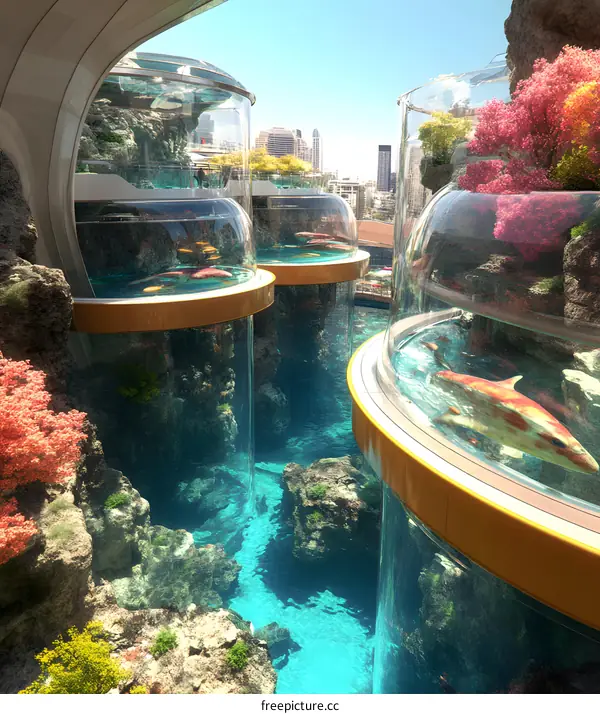 Futuristic City with Underwater Aquariums and Sky Gardens