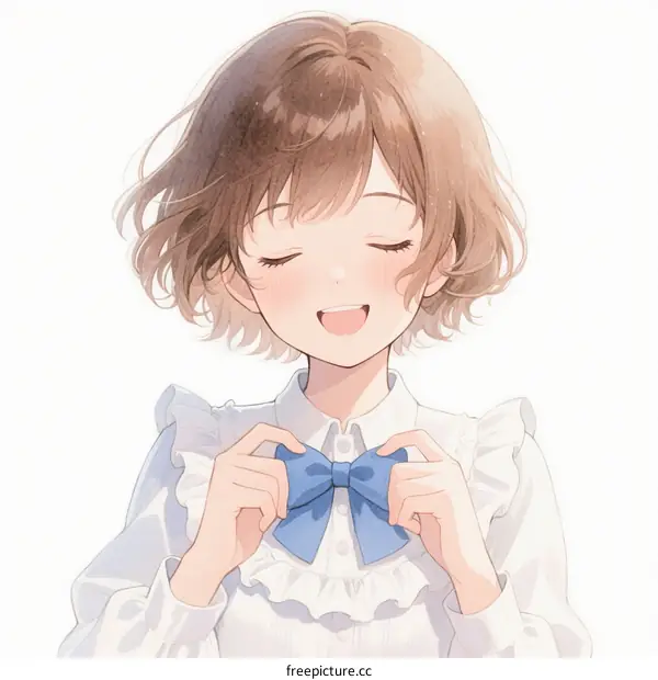 A Young Girl with Short Brown Hair Smiling and Adjusting Blue Bow