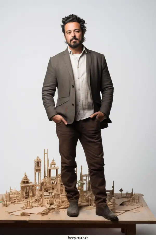 man standing on a table with a miniature wooden city