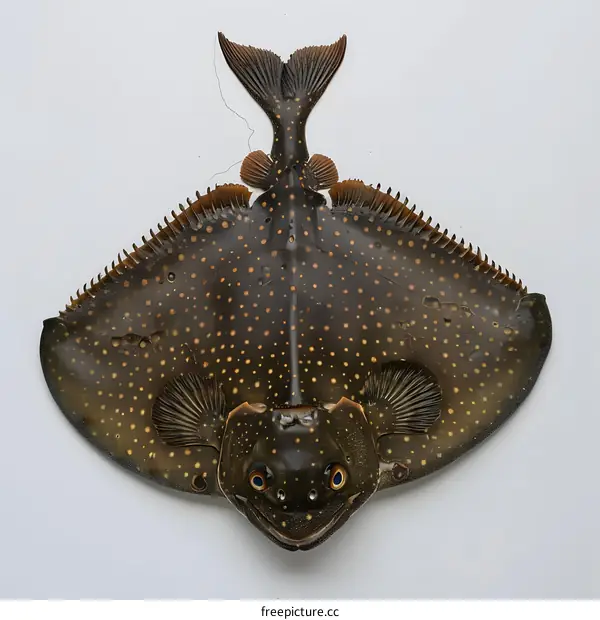 A large halibut fish with dark brown spots on its body