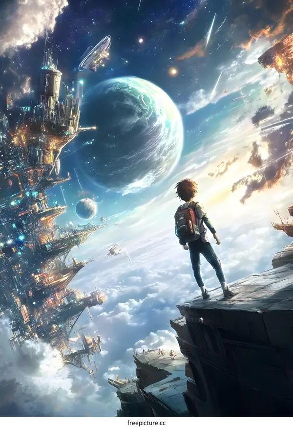 A Boy Stands on a Cliff Looking Out Over a Futuristic City in the Clouds