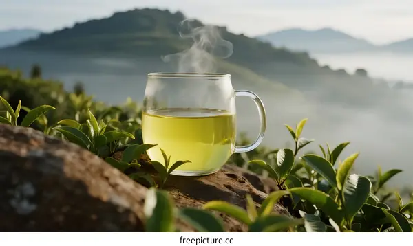 A cup of hot green tea on a tea plantation with morning mist