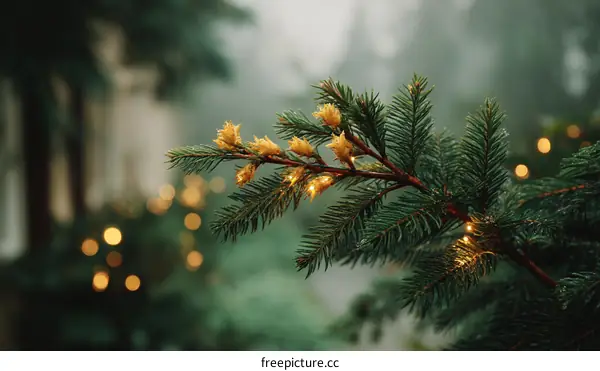 Christmas Tree Branch with Lights in Winter Evening