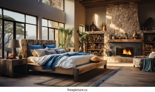 Rustic bedroom with a fireplace