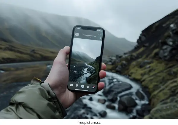 Hand Holding Smartphone Displaying Mountain View