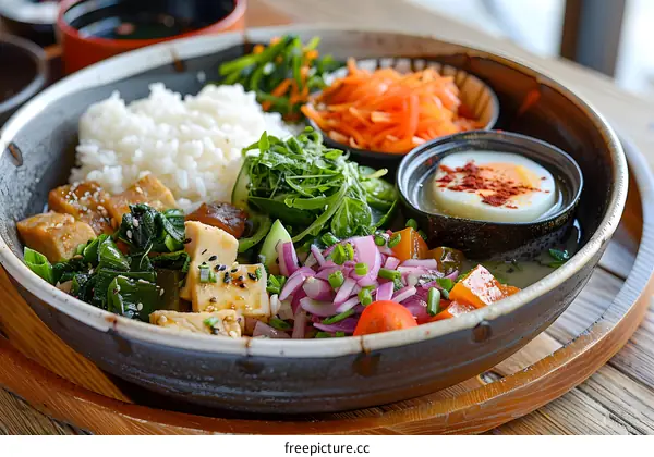 A delicious and healthy Japanese meal with rice, tofu, vegetables and egg.