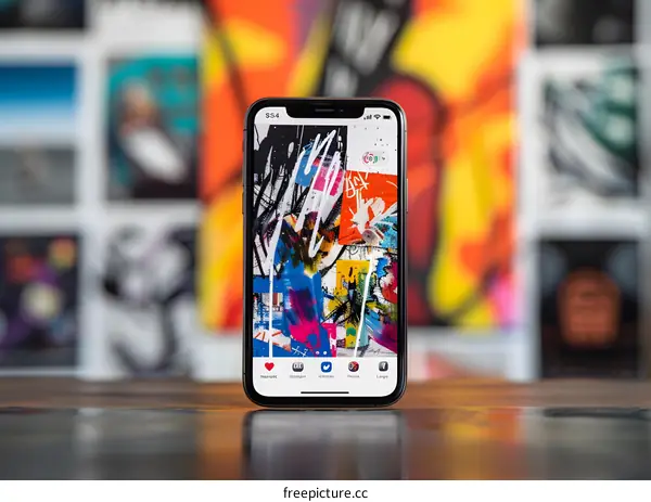 iPhone Smartphone on Wooden Surface with Abstract Art Wallpaper