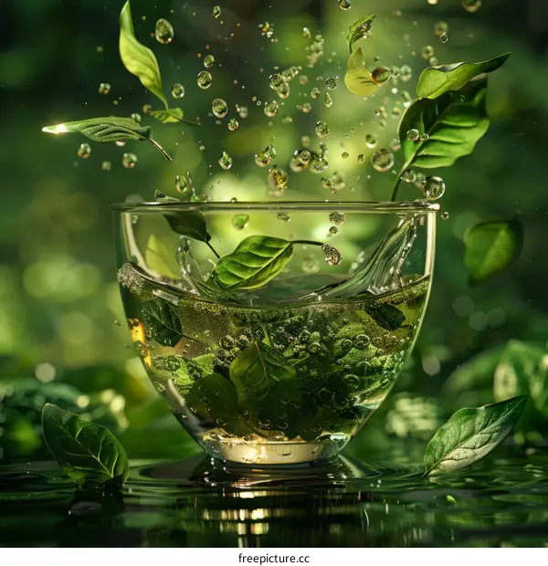 Green tea leaves falling into a glass cup of water
