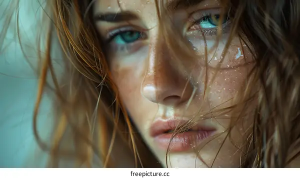 Portrait of a young woman with wet hair and freckles